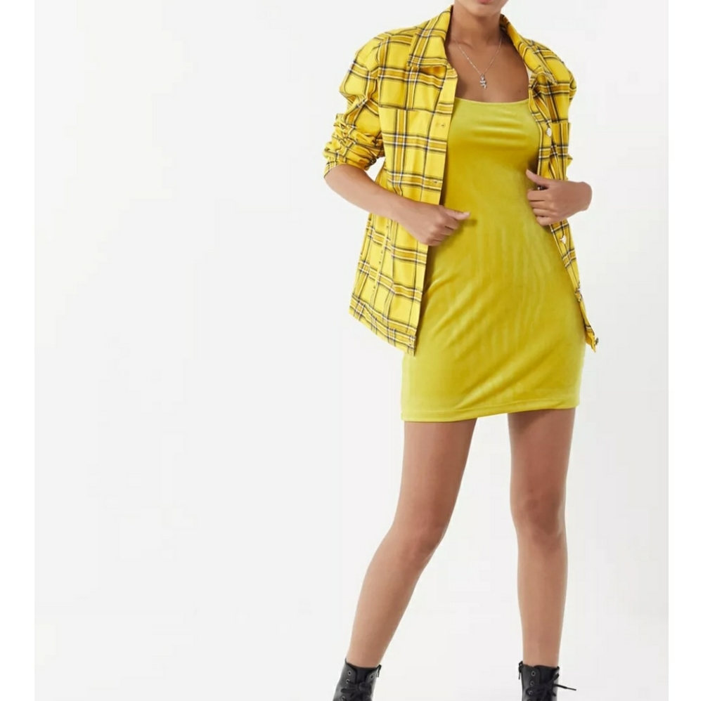 UO Womans Yellow Mustard Velvet Square Neck Mini Dress